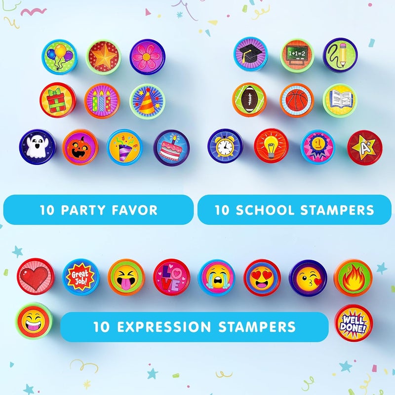 JOYIN 50 Pcs Assorted Stamps for Kids - Self-Ink Stamps with 50 Designs for Birthday Party Favor, Carnival Prizes, School Stampers, Goodie Bag, Halloween, Christmas (Zoo, Emoji, Holiday Stampers) - Image 3