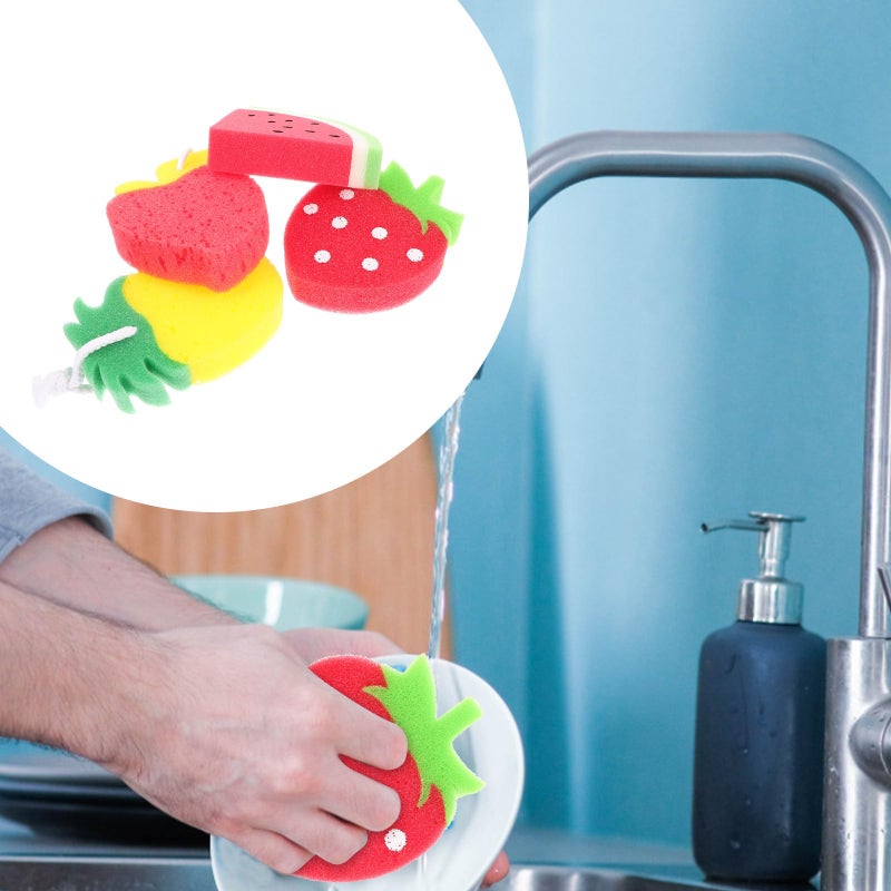 4Pcs Cartoon Fruit Scrub Sponge Set Thickened Multipurpose Kitchen Cleaning Sponges - Image 3