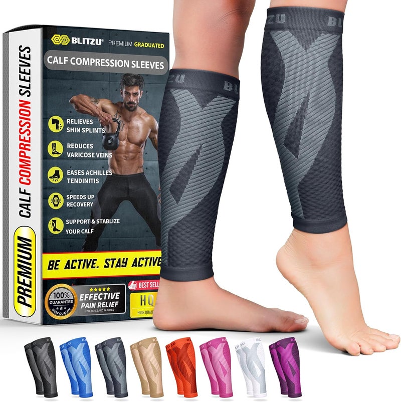 BLITZU Calf Sleeves (1 Pair) Power+ Compression Men and Women Performance Leg Guards. True Graduated Compression. Improves Circulation, Aids Muscle Recovery - Image 1