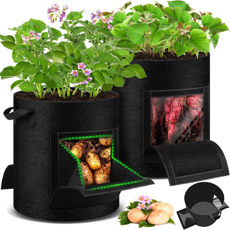 UJG 2 Pack 15 Gallon Potato Grow Bags with Pull-Down Harvest Window, Potato Bags for Growing Potatoes Heavy Duty Thickened Nonwoven Fabric Gardening Vegetable Growing Bags with Visible Window - Image 1