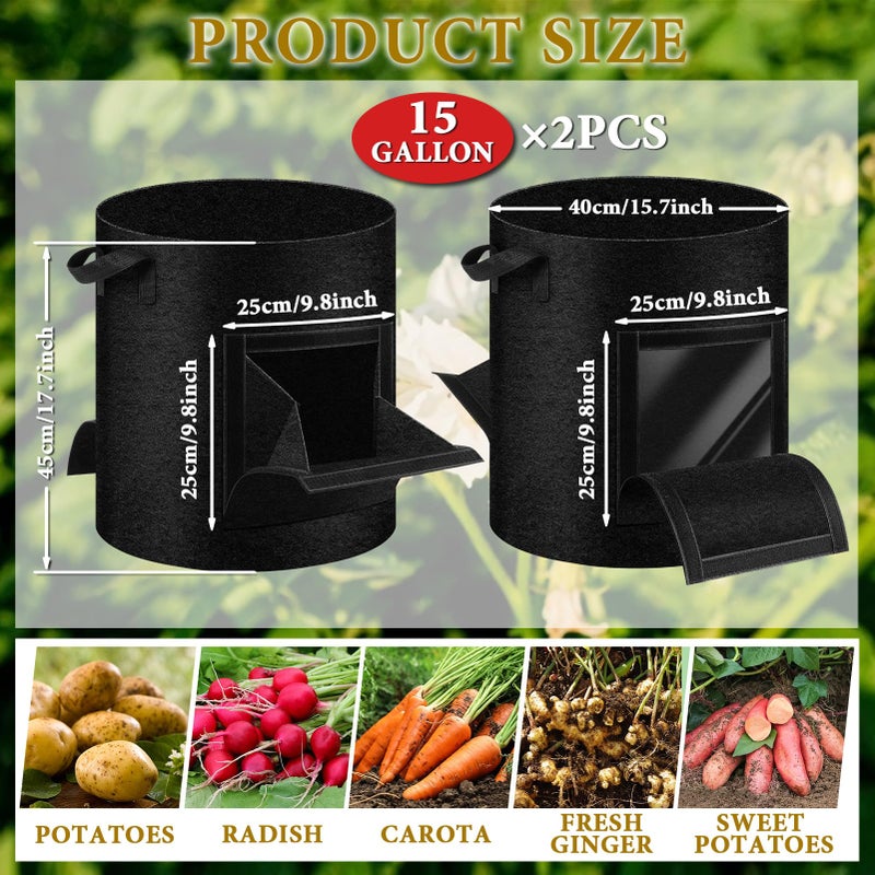 UJG 2 Pack 15 Gallon Potato Grow Bags with Pull-Down Harvest Window, Potato Bags for Growing Potatoes Heavy Duty Thickened Nonwoven Fabric Gardening Vegetable Growing Bags with Visible Window - Image 2