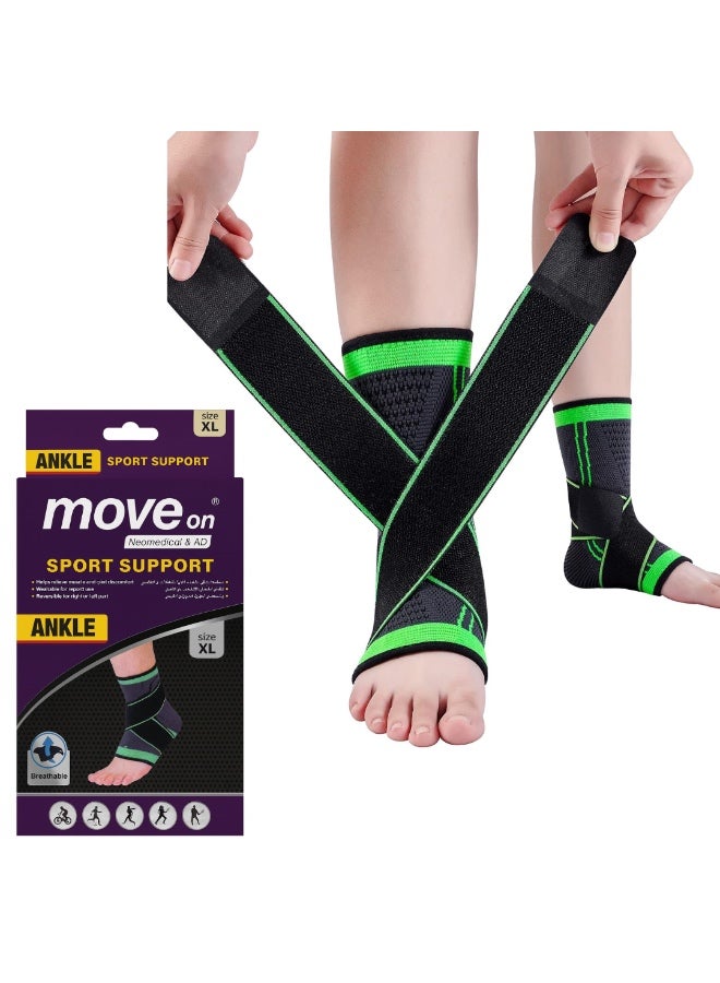 Move On Ankle Support Brace, XL Size, Black and Green, Breathable Sport Compression Sleeve for Athletics, Running, Basketball - Image 1