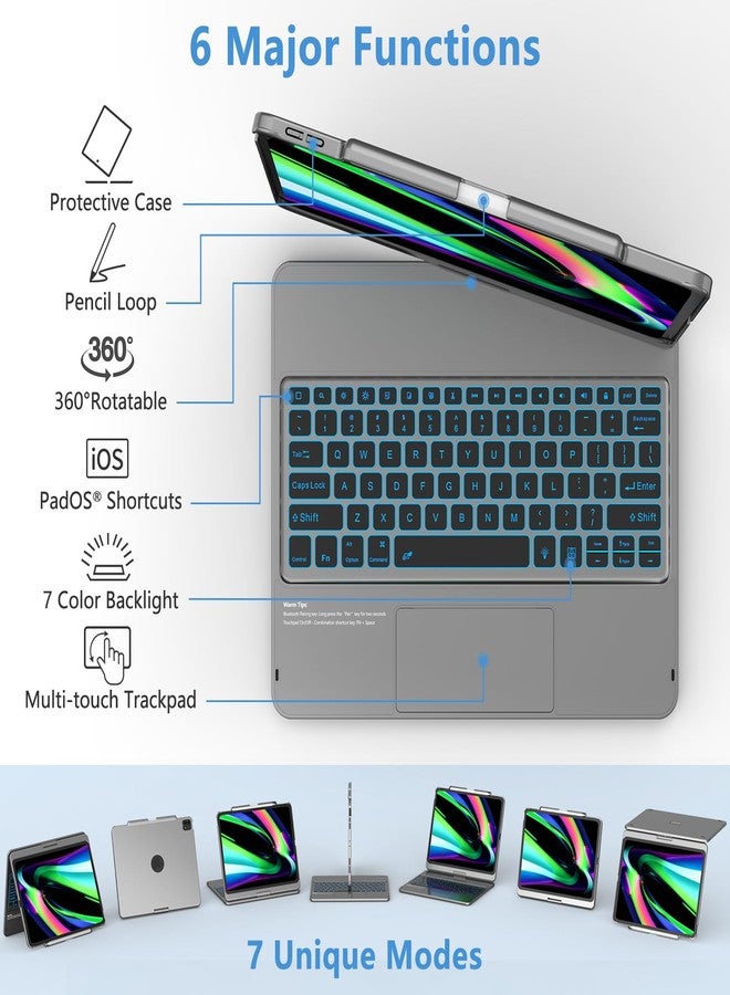 TQQ for iPad Air 13 Inch Case Keyboard (M3 2025 / M2 2024), iPad Pro 12.9 (6th, 5th, 4th, 3rd Gen) Keyboard - 360° Rotatable, 7-Color Backlight, Multi-Touch Trackpad, Thin & Light (Gray) - Image 3