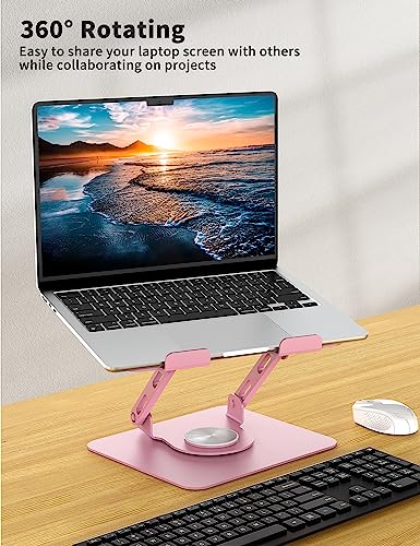 SOUNDANCE Laptop Stand with 360° Rotating Base, Ergonomic Computer Riser for Desk, Adjutable Height Muti-Angle, Foldable Laptop Mount, Stable Metal Holder Support 10-15.6" Notebook PC, Pink - Image 2