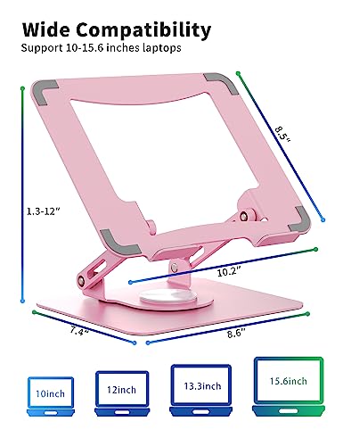 SOUNDANCE Laptop Stand with 360° Rotating Base, Ergonomic Computer Riser for Desk, Adjutable Height Muti-Angle, Foldable Laptop Mount, Stable Metal Holder Support 10-15.6" Notebook PC, Pink - Image 4