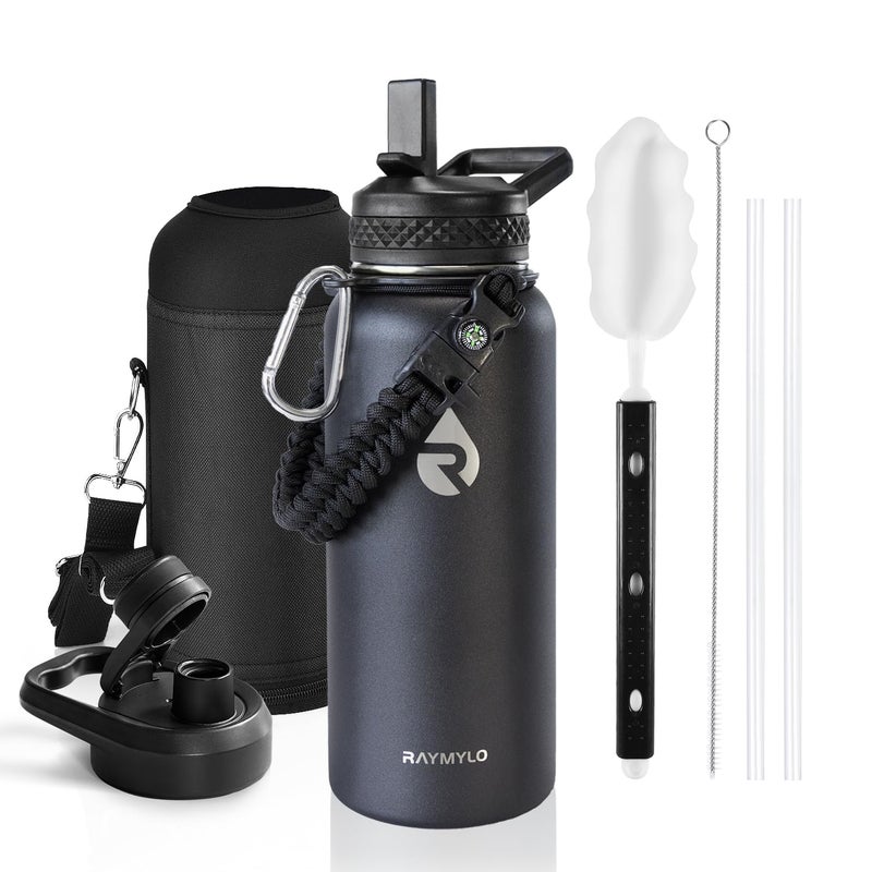 RAYMYLO Insulated Water Bottle 32 oz  Triple Wall Vacuum Stainless Steel (Cold for 48 Hrs)  Leak Proof & BPA-Free  Modern Water Flask Jug with Paracord Handle & Straw Spout Lids  Magic Black