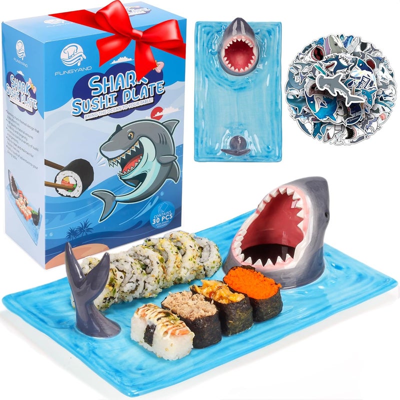 FUNGYAND Shark Sushi Plate  HandPainted Ceramic LeadFree  FoodSafe 3in1 MultiFunctional Design Includes 40 Shark Sticks MicrowaveOvenFreezerDishwasher Safe  Ideal for Sushi Lovers - Image 1