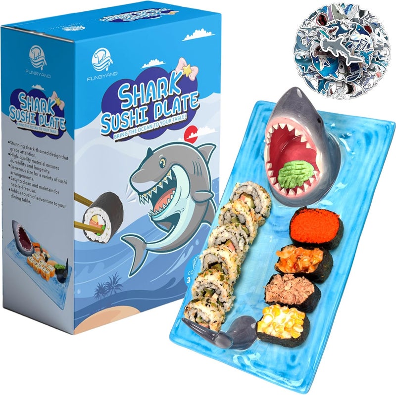 FUNGYAND Shark Sushi Plate  HandPainted Ceramic LeadFree  FoodSafe 3in1 MultiFunctional Design Includes 40 Shark Sticks MicrowaveOvenFreezerDishwasher Safe  Ideal for Sushi Lovers - Image 5