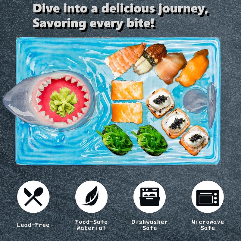 FUNGYAND Shark Sushi Plate  HandPainted Ceramic LeadFree  FoodSafe 3in1 MultiFunctional Design Includes 40 Shark Sticks MicrowaveOvenFreezerDishwasher Safe  Ideal for Sushi Lovers - Image 4
