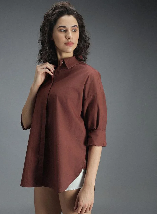 Women'S Brown 100% Cotton Solid Pattern Button Down Shirt
