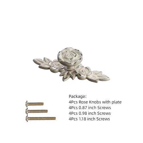 GDQLCNXB Euro Rose Cabinet Knobs with Backplate, 4pcs Vintage Shabby Chic Zinc Alloy Handles Ivory White Drawer Handle Knobs for Wardrobe Dresser Cabinet (Silver Edge) - Image 2