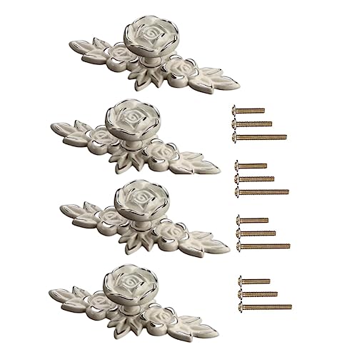 GDQLCNXB Euro Rose Cabinet Knobs with Backplate, 4pcs Vintage Shabby Chic Zinc Alloy Handles Ivory White Drawer Handle Knobs for Wardrobe Dresser Cabinet (Silver Edge) - Image 1
