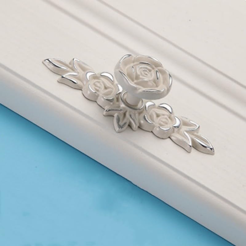GDQLCNXB Euro Rose Cabinet Knobs with Backplate, 4pcs Vintage Shabby Chic Zinc Alloy Handles Ivory White Drawer Handle Knobs for Wardrobe Dresser Cabinet (Silver Edge) - Image 4