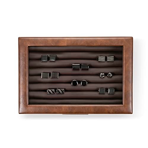 Glenor Co Cufflink Box for Men - Holds 70 Cufflinks - Luxury Display Jewelry Case - Metal Buckle Holder, Large Glass Top - PU Leather Brown - Image 3