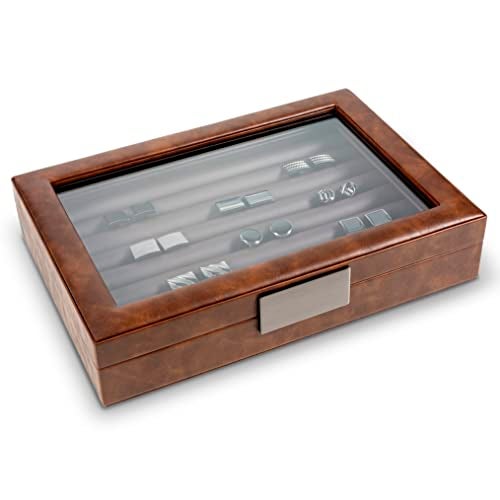 Glenor Co Cufflink Box for Men - Holds 70 Cufflinks - Luxury Display Jewelry Case - Metal Buckle Holder, Large Glass Top - PU Leather Brown - Image 2