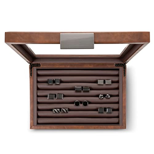 Glenor Co Cufflink Box for Men - Holds 70 Cufflinks - Luxury Display Jewelry Case - Metal Buckle Holder, Large Glass Top - PU Leather Brown - Image 4