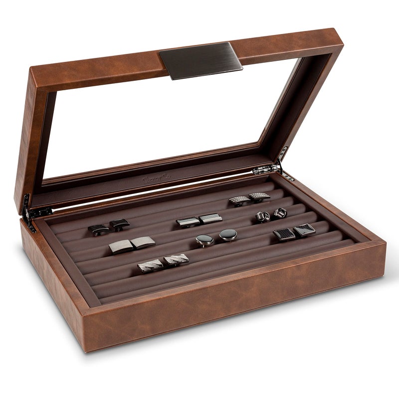 Glenor Co Cufflink Box for Men - Holds 70 Cufflinks - Luxury Display Jewelry Case - Metal Buckle Holder, Large Glass Top - PU Leather Brown - Image 5