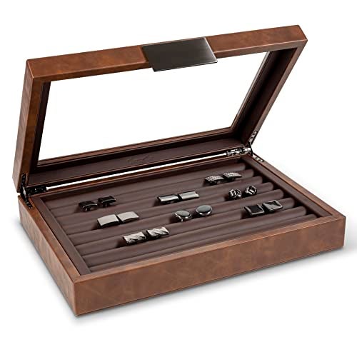Glenor Co Cufflink Box for Men - Holds 70 Cufflinks - Luxury Display Jewelry Case - Metal Buckle Holder, Large Glass Top - PU Leather Brown - Image 1