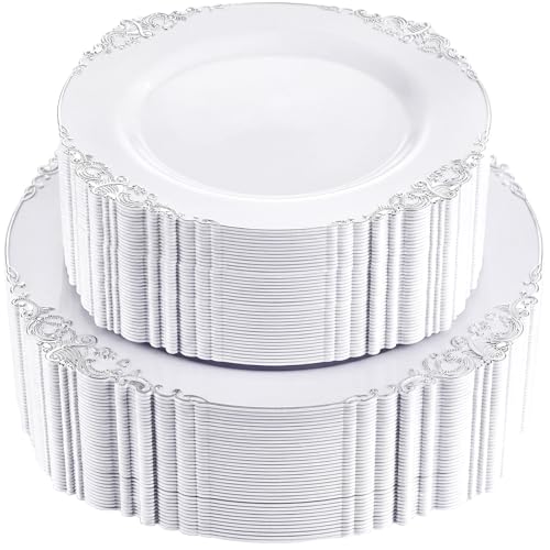 Joyido 102PCS White and Silver Plastic Plates Heavyweight Silver Plate Wedding Plate with Silver Rim Fancy Dinner Dessert Plates for 51 Guests Weddings Parties