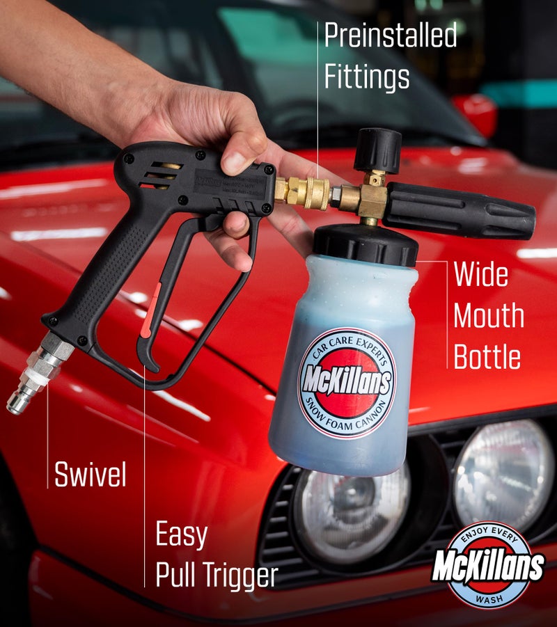 McKillans Pressure Washer Gun with Swivel & Foam Cannon Wide Mouth & M22-14mm Adapter - Adjustable Thick Foam - Power Washer Gun - 3/8" Male Plug & 1/4â€ Quick Connector Coupler - Image 5
