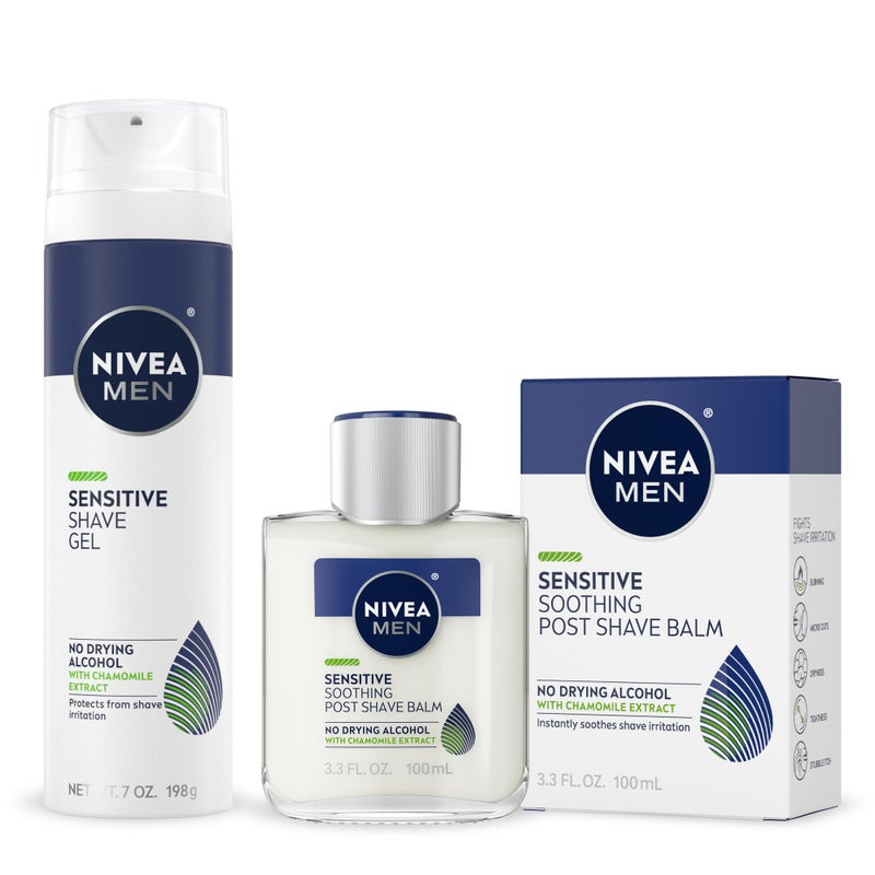 NIVEA MEN Sensitive Shaving Set for Men, Sensitive Shave Gel (7 Oz) + Soothing Post Shave Balm Aftershave (3.3 Fl Oz), Enriched with Chamomile Extract and Vitamin E, Alcohol Free Skin Care - Image 1
