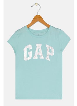 Kids Girl Round Neck Short Sleeve Brand Logo T-Shirt, Light Blue