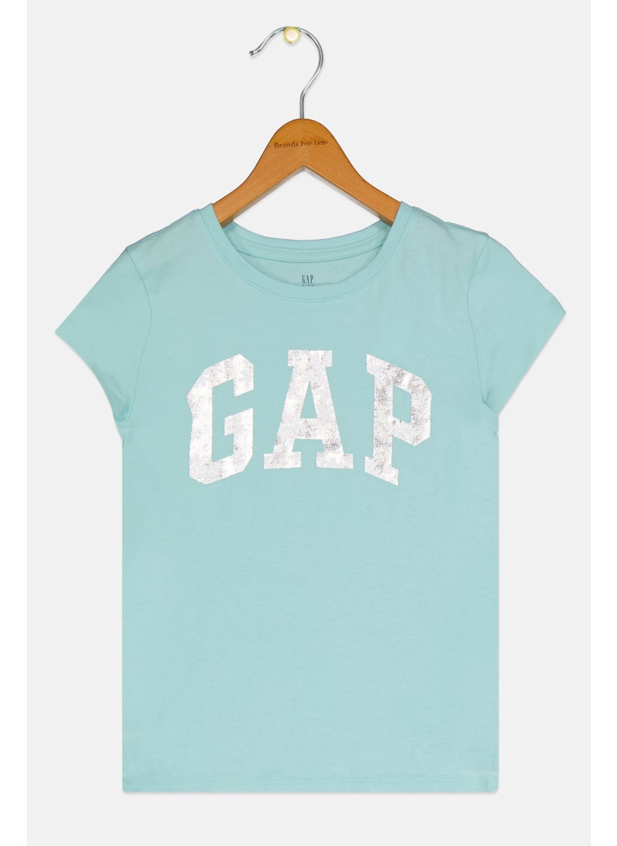 GAP - Kids Girl Round Neck Short Sleeve Brand Logo T-Shirt, Light Blue - Image 1