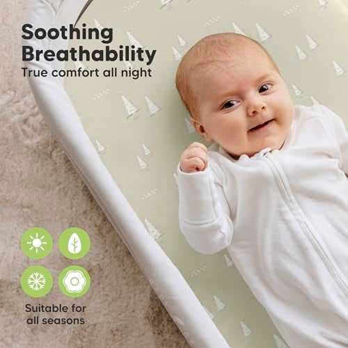 KeaBabies 2-Pack Organic Bassinet Sheets for Girls, Boys - 100% Cotton Bassinet Mattress Sheets Compatible with Halo Bassinest Swivel Sleeper, Graco, Baby Delight, Chicco, Fitted Bassinet Sheets (Pine Grove) - Image 4