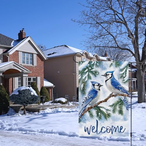 Heyfibro Welcome Winter Blue Jay Garden Flag 12x18 Inch Double Sided Burlap, Christmas Bird Pine Branches Snow Yard Flags for Seasonal Xmas Outside Outdoor Decoration (ONLY FLAG) - Image 3