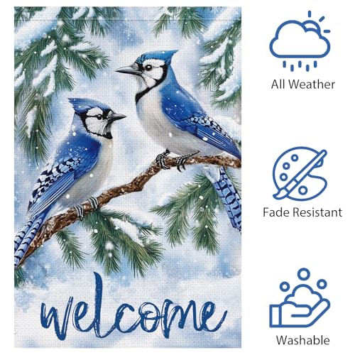 Heyfibro Welcome Winter Blue Jay Garden Flag 12x18 Inch Double Sided Burlap, Christmas Bird Pine Branches Snow Yard Flags for Seasonal Xmas Outside Outdoor Decoration (ONLY FLAG) - Image 5