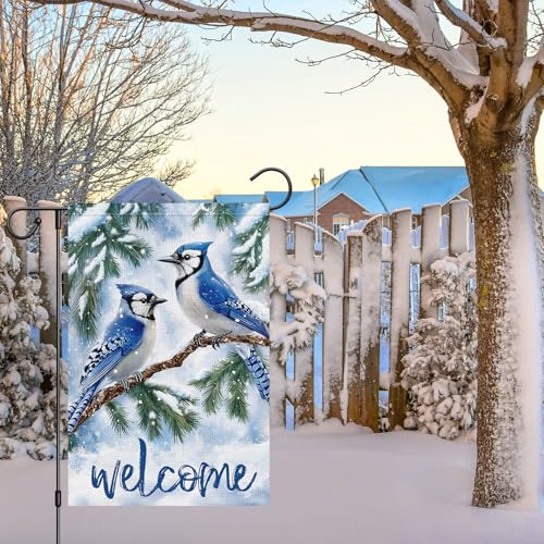 Heyfibro Welcome Winter Blue Jay Garden Flag 12x18 Inch Double Sided Burlap, Christmas Bird Pine Branches Snow Yard Flags for Seasonal Xmas Outside Outdoor Decoration (ONLY FLAG) - Image 2