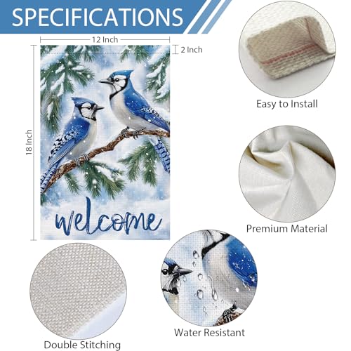 Heyfibro Welcome Winter Blue Jay Garden Flag 12x18 Inch Double Sided Burlap, Christmas Bird Pine Branches Snow Yard Flags for Seasonal Xmas Outside Outdoor Decoration (ONLY FLAG) - Image 4