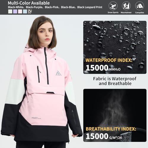 HIGH EXPERIENCE Ski Jacket Snowboard Anorak Coat Pullover Baggy Snow Hooded Insulated Hoodie Waterproof Warm for Women Men (US, Alpha, Small, Regular, Regular, Black-Pink) - Image 4