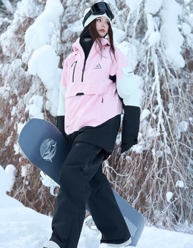HIGH EXPERIENCE Ski Jacket Snowboard Anorak Coat Pullover Baggy Snow Hooded Insulated Hoodie Waterproof Warm for Women Men (US, Alpha, Small, Regular, Regular, Black-Pink) - Image 3