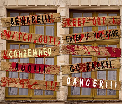 LFUTARI 10pcs 39"x4.7" Halloween Haunted Window Boards, Beware Signs Window Warning Signs,Waterproof Outdoor Scary Sign for Halloween Party Decoration (10pcs window boards) - Image 1