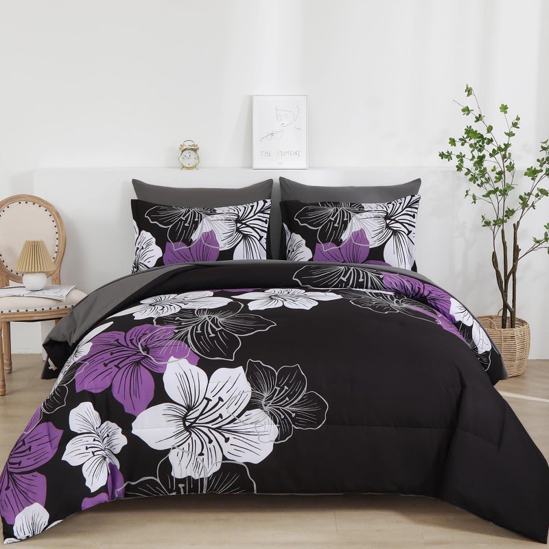 Luxudecor طقم لحاف لكسوديكور مزخرف بالأزهار بحجم كوين، 7 قطع، لحاف مزخرف بالأرجواني وطقم شراشف، مجموعات سرير ناعمة من الألياف الدقيقة لجميع الفصول - Image 1