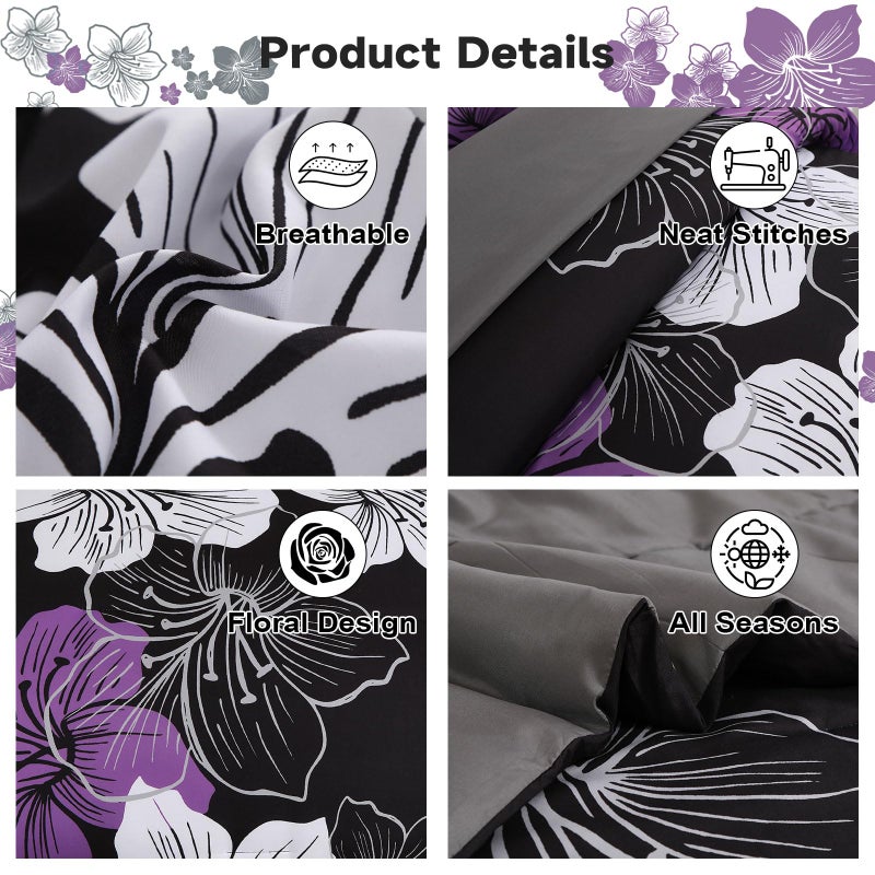 Luxudecor طقم لحاف لكسوديكور مزخرف بالأزهار بحجم كوين، 7 قطع، لحاف مزخرف بالأرجواني وطقم شراشف، مجموعات سرير ناعمة من الألياف الدقيقة لجميع الفصول - Image 5