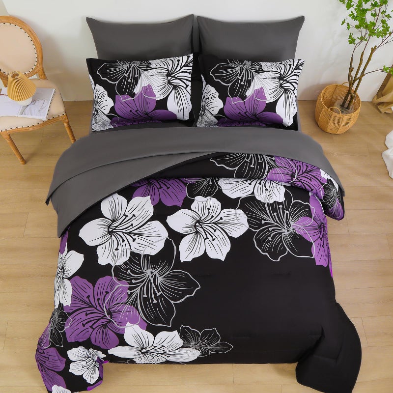 Luxudecor طقم لحاف لكسوديكور مزخرف بالأزهار بحجم كوين، 7 قطع، لحاف مزخرف بالأرجواني وطقم شراشف، مجموعات سرير ناعمة من الألياف الدقيقة لجميع الفصول - Image 3