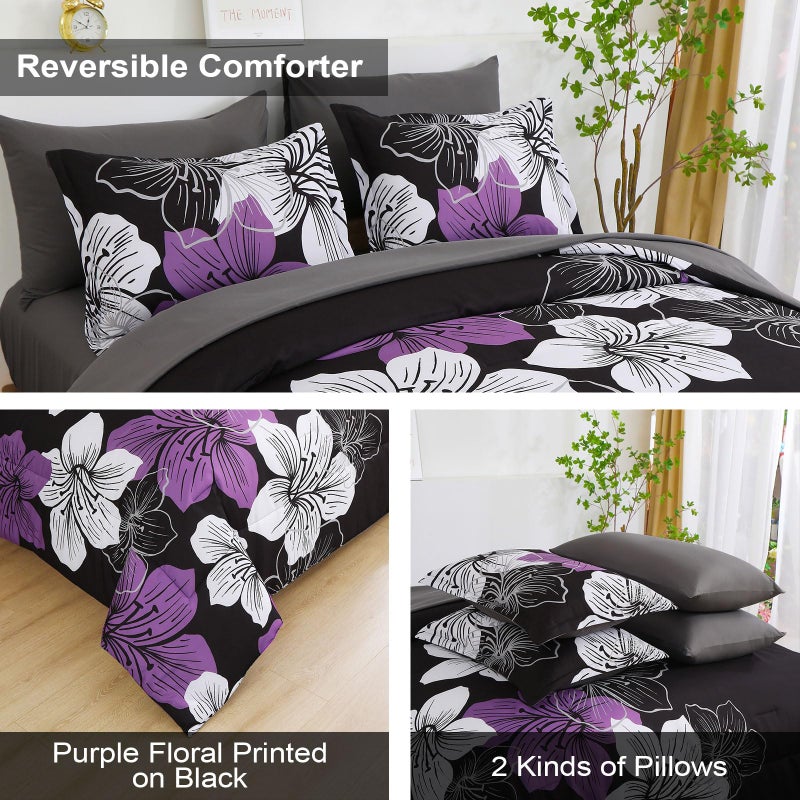 Luxudecor طقم لحاف لكسوديكور مزخرف بالأزهار بحجم كوين، 7 قطع، لحاف مزخرف بالأرجواني وطقم شراشف، مجموعات سرير ناعمة من الألياف الدقيقة لجميع الفصول - Image 4