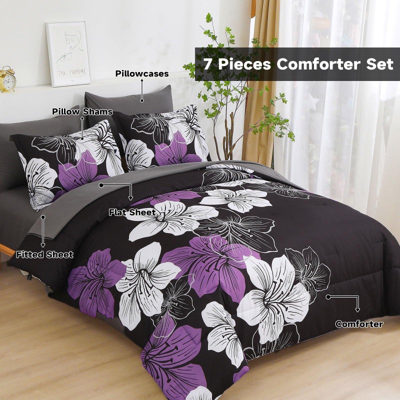 Luxudecor طقم لحاف لكسوديكور مزخرف بالأزهار بحجم كوين، 7 قطع، لحاف مزخرف بالأرجواني وطقم شراشف، مجموعات سرير ناعمة من الألياف الدقيقة لجميع الفصول - Image 2