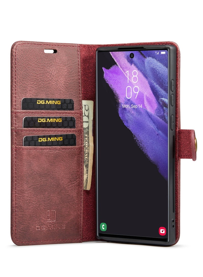 DGMING CaseMe Samsung Galaxy S22 Ultra 5G DG.MING Crazy Horse Texture Detachable Magnetic Leather Case - Red - Image 5