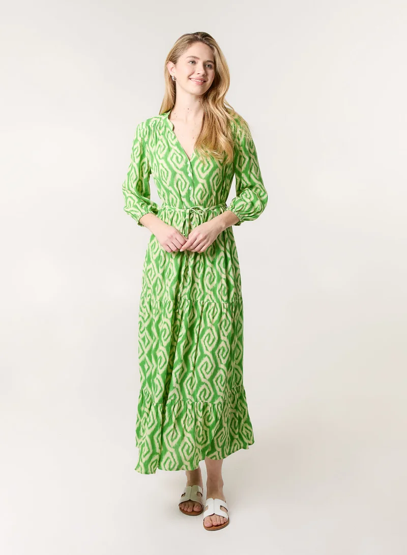 Blue Vanilla Abstract Button Front Belted Dress