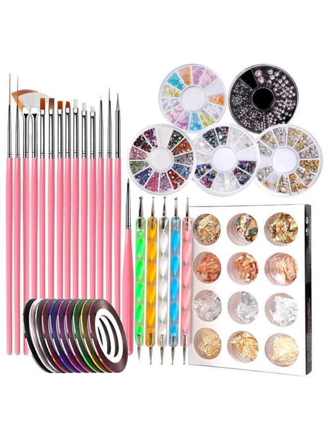 Nail Art Kit Nail Design Tools Kit With Nail Art Brushes Nail Dotting Tools Rhinestones Tape Nail Heart Glitter Sequins Nail Foil Flakes Nail Dust Brush Nail Accessories Nail Design Kit For Beginner