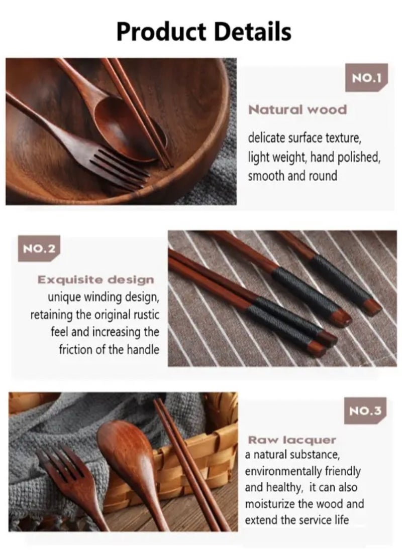 3pcs Japanese-Style Stylish Wooden Tableware Set, With Spoon, Chopsticks & Fork