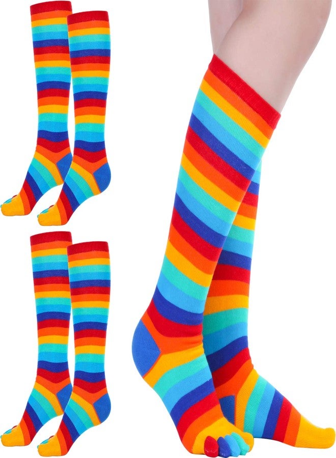 Syhood 2 Pairs Rainbow Toe Socks Women Finger Separated Striped High Socks with Toes for Christmas Gift Women(Colorful) - Image 1
