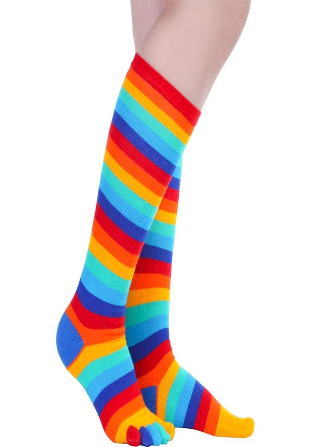 Syhood 2 Pairs Rainbow Toe Socks Women Finger Separated Striped High Socks with Toes for Christmas Gift Women(Colorful) - Image 3