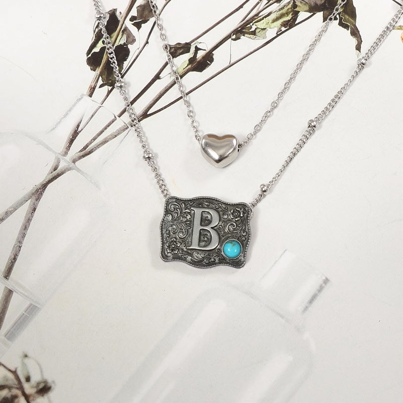 MANZHEN Belt Buckle Bracelet Initial Letter A-Z Bracelets Western Cow Tag Bracelet Belt Buckle Necklace Western Style Initial Letter Pendant Necklace (Necklace, B) - Image 3