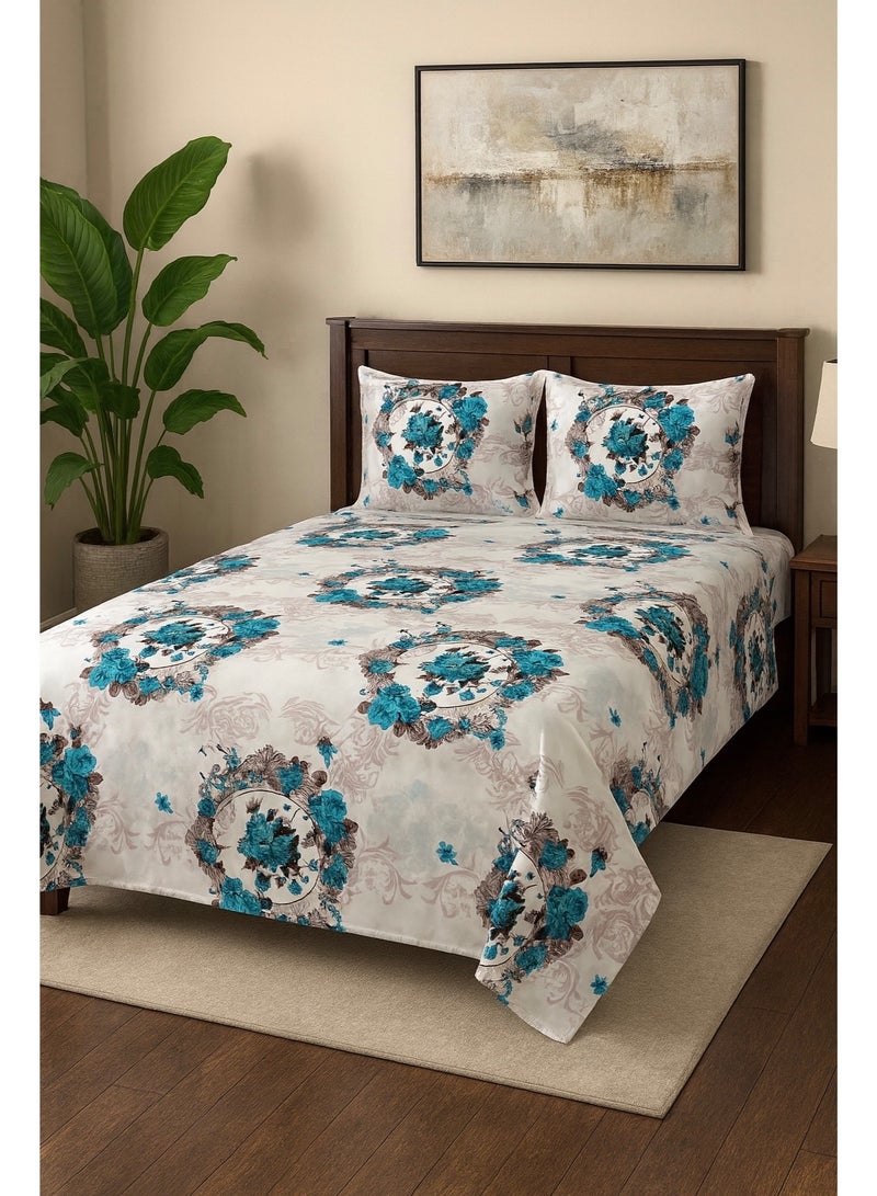 3 Pieces Flat Bedsheet Set with Floral Pattern King Size Bed Pillow Cover Set with 1 Bedsheet  2 Pillow - Image 3