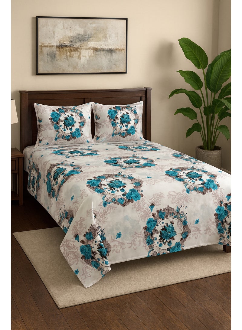 3 Pieces Flat Bedsheet Set with Floral Pattern King Size Bed Pillow Cover Set with 1 Bedsheet  2 Pillow - Image 1