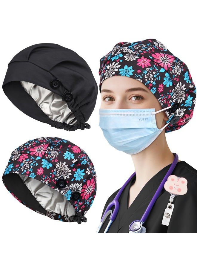 Yuest 2 Pack Satin Lined Bouffant Scrub Caps with Buttons, Adjustable Scrub Caps for Women Men, 2 Pack Satin Lined Black+ Night Garden, One size - Image 1